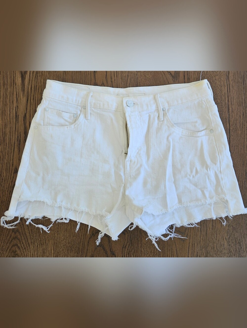 MOTHER White Distressed Frayed Hem Denim Shorts